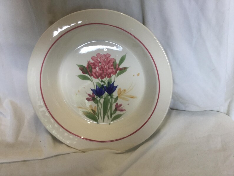 May include: A white ceramic soup bowl with a red rim and a floral design featuring pink, blue, and yellow flowers.