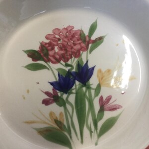 May include: A white ceramic bowl with a red rim and a floral design. The design features pink, blue, and yellow flowers with green leaves.