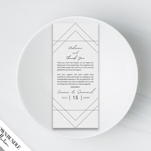 Plantilla de tarjeta de agradecimiento para mesa de boda imprimible de MAJA, en blanco y negro, diseño minimalista geométrico, nota de agradecimiento en servilleta, Canva editable