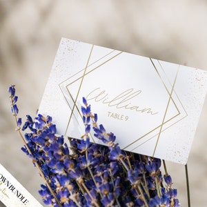 Modelo de cartão de lugar para impressão FREYA, branco e dourado, design geométrico, cartão de assento, canva editável, cartões de nome de casamento, cartão de mesa