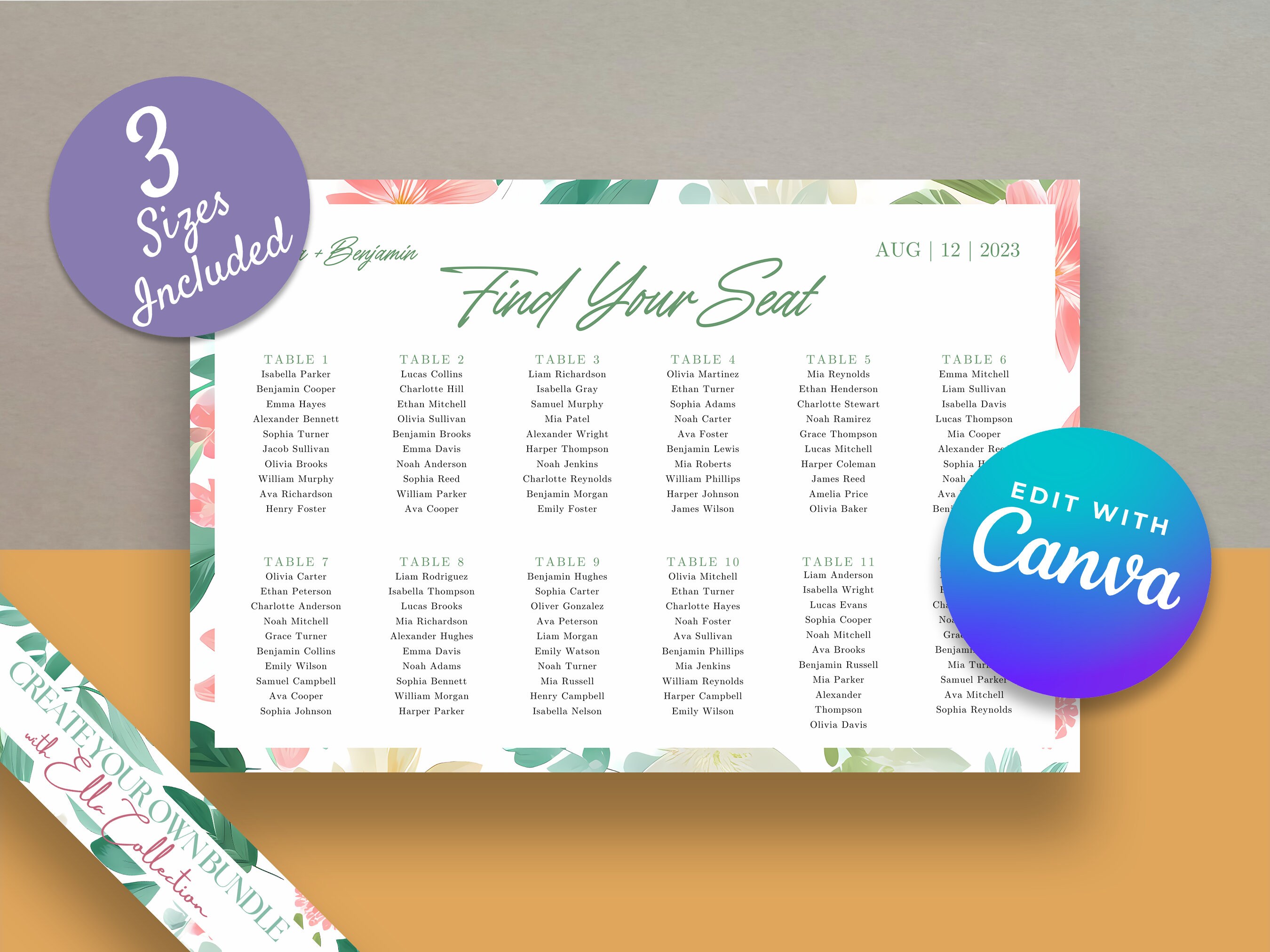 ELLA Printable Seating Chart Poster Template, Pink Summer Flowers ...