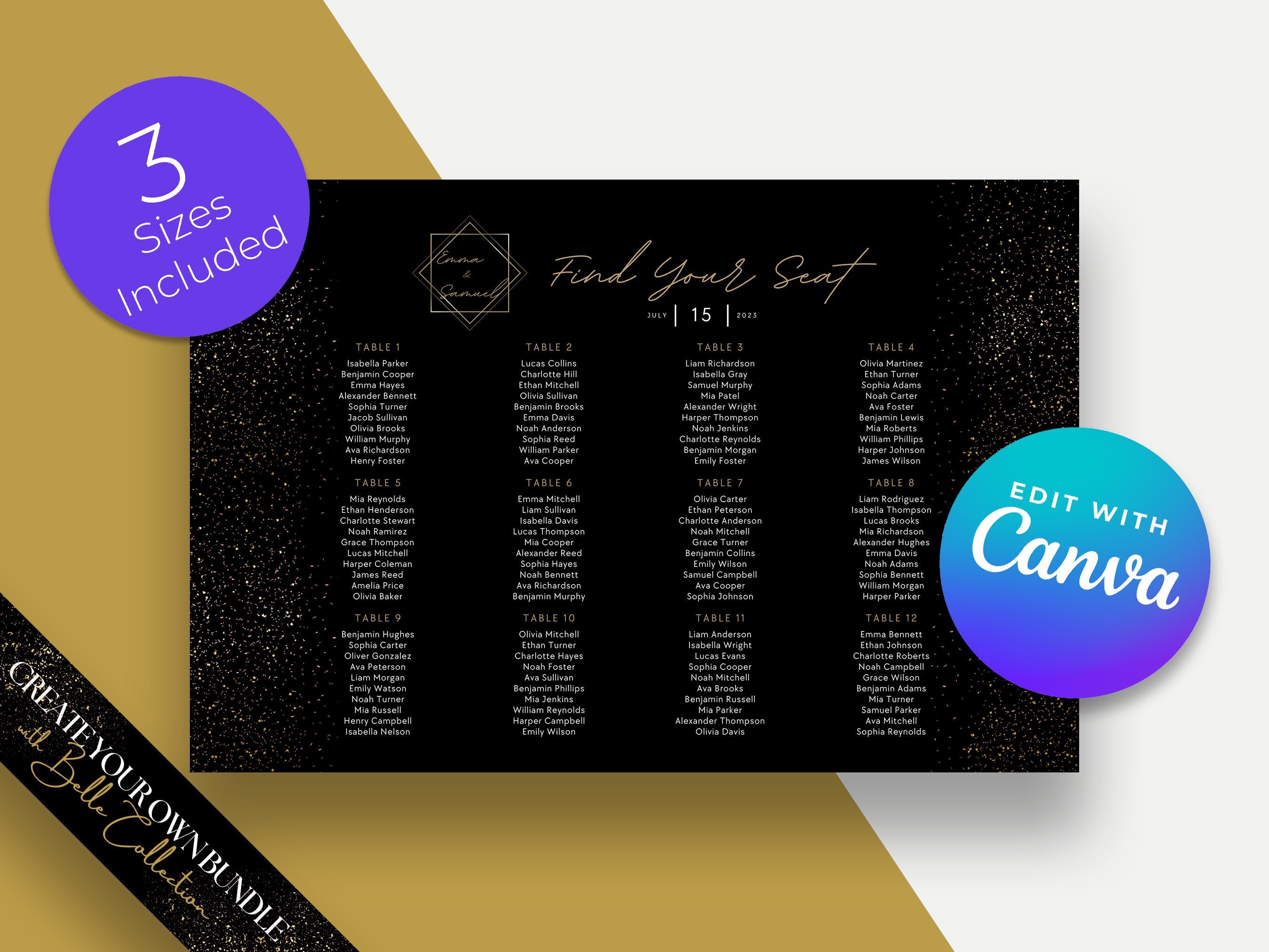 BELLE Printable Seating Chart Poster Template, Black and Gold ...