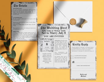 Suite de faire-part de mariage à imprimer dans le journal ELLA, fleurs et verdure noir et blanc, lot d'invitations uniques, motif modifiable sur toile