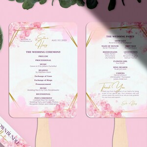 MIRA 印刷可能な結婚式プログラム ファン テンプレート、ピンクの花と金色の六角形、花の式次第、Canva で編集可能、式典タイムライン カード