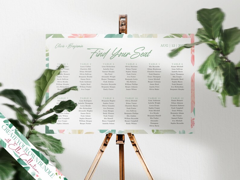 ELLA Printable Seating Chart Poster Template, Pink Summer Flowers ...