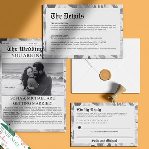 ELLA afdrukbare krant bruiloft uitnodigingssuite, zwart-witte bloemen en groen, unieke uitnodigingsbundel, bewerkbaar canvasontwerp