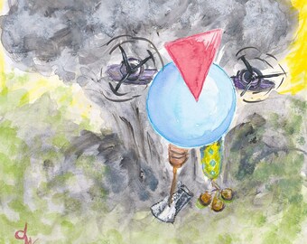 Whimsical Raven/Crow painting named - Artak The Fast -- Giclee print of original watercolor painting