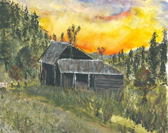 Farm Yard Watercolor Painting, Old Barn Giclee Print