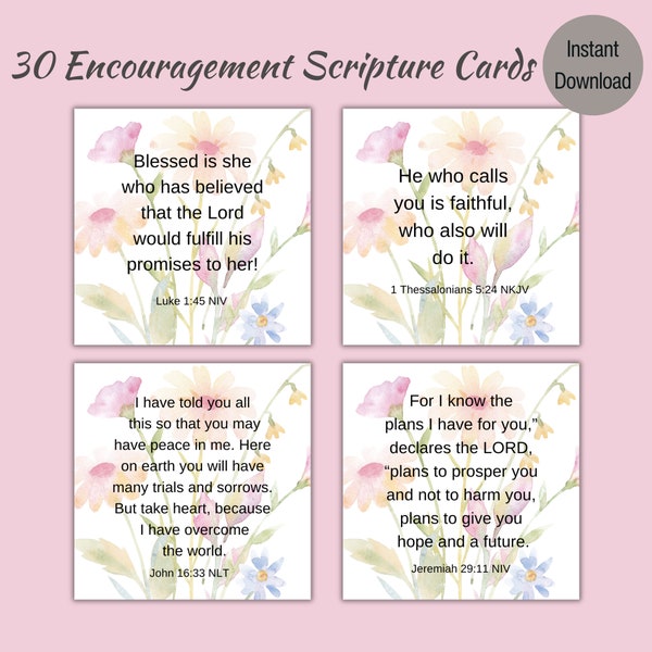 30 Printable Scripture Cards For Encouragement | Inspirational Bible Verse Cards| Prayer Cards | Prayer Journal |Comfort Cards