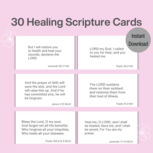 30 Healing Printable Scripture Cards | Minimalist| Healing Bible Verse Cards | Mental Health Scriptures| Encouragement Scripture Cards| PDF