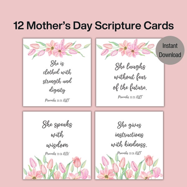 12 afdrukbare Moederdag-schriftkaarten | Moedersdag Bijbelverskaarten | Moederdag aandenken kaarten | Aanmoedigingskaarten voor moeders