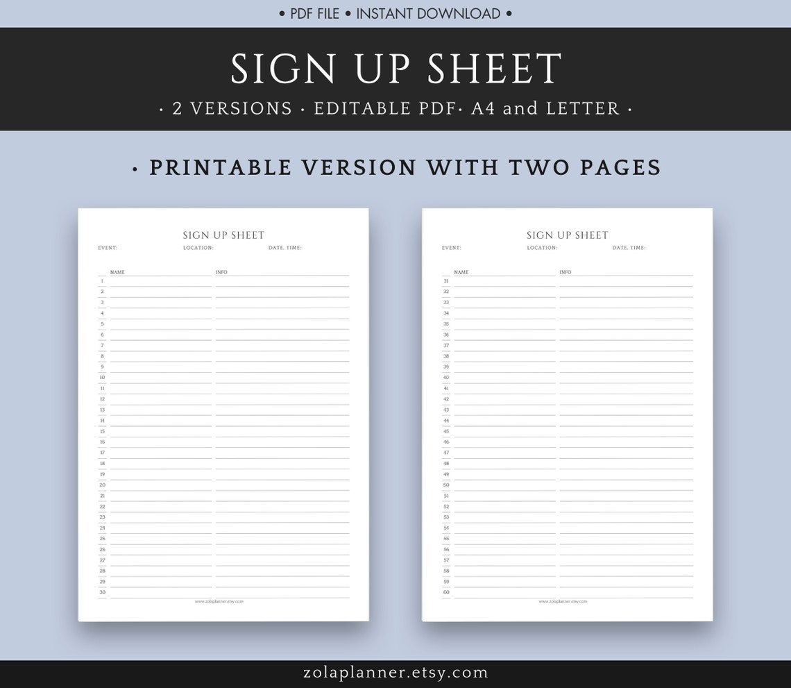 Sign up Sheet Printable. Editable E-mail Sign up Template. Event Sign ...