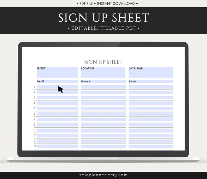 Editable Sign up Sheet. Printable Sign up Template. Event Sign Etsy