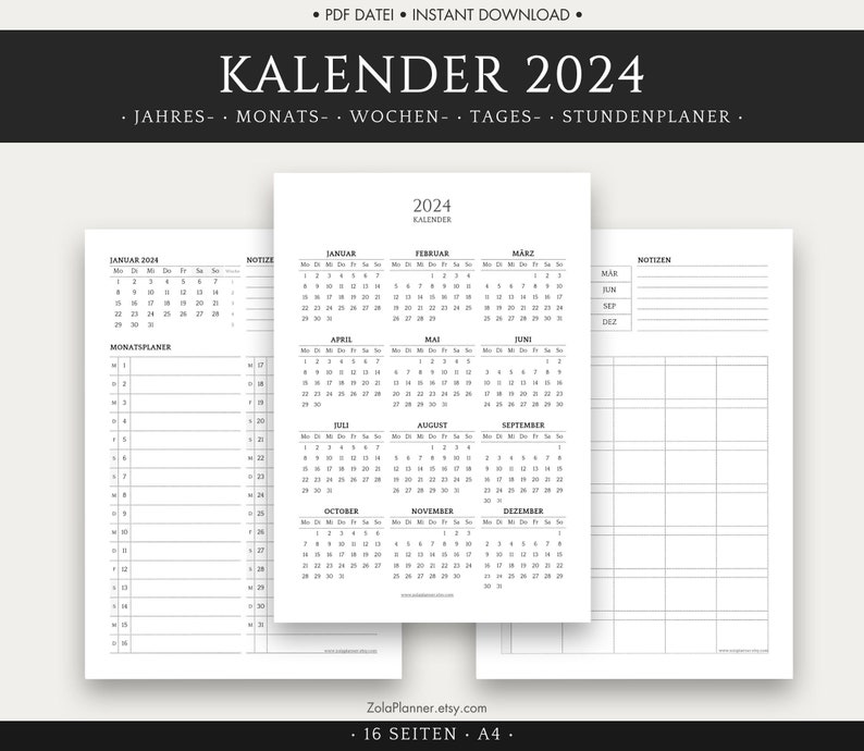 2024 Kalender Mit Monatsplaner, Wochenplaner Und Tagesplaner. Zeitplan 