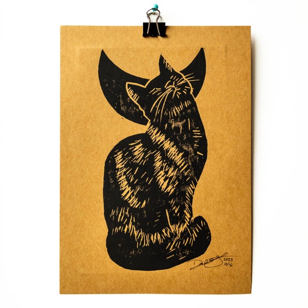 Black Cat Block Print: 5x7 Inches on Kraft Paper