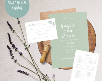 Sage Wedding invitation, rsvp and details card template, INSTANT DOWNLOAD, Digital Invitation, Editable with Canva, Printable, FRW020