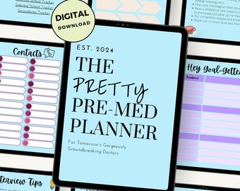 The Pretty Pre-Med Planner in Blue| Digital Pre-Med Planner | MCAT, Application, Medical School Interview Trackers | Pre-Med Motivation