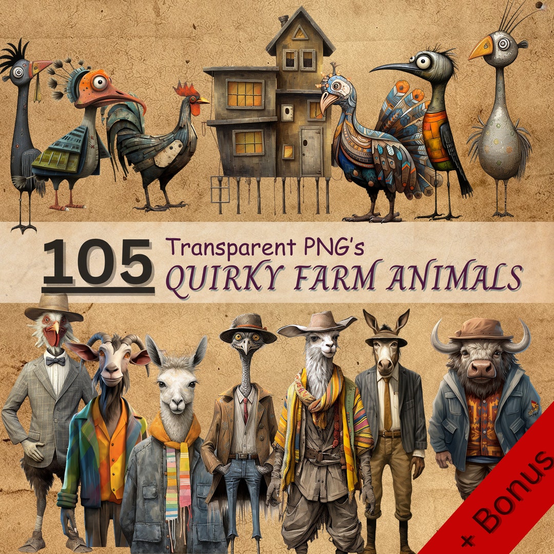 Whimsical Farm Animals Clipart Bundle PNG Quirky Art for Etsy