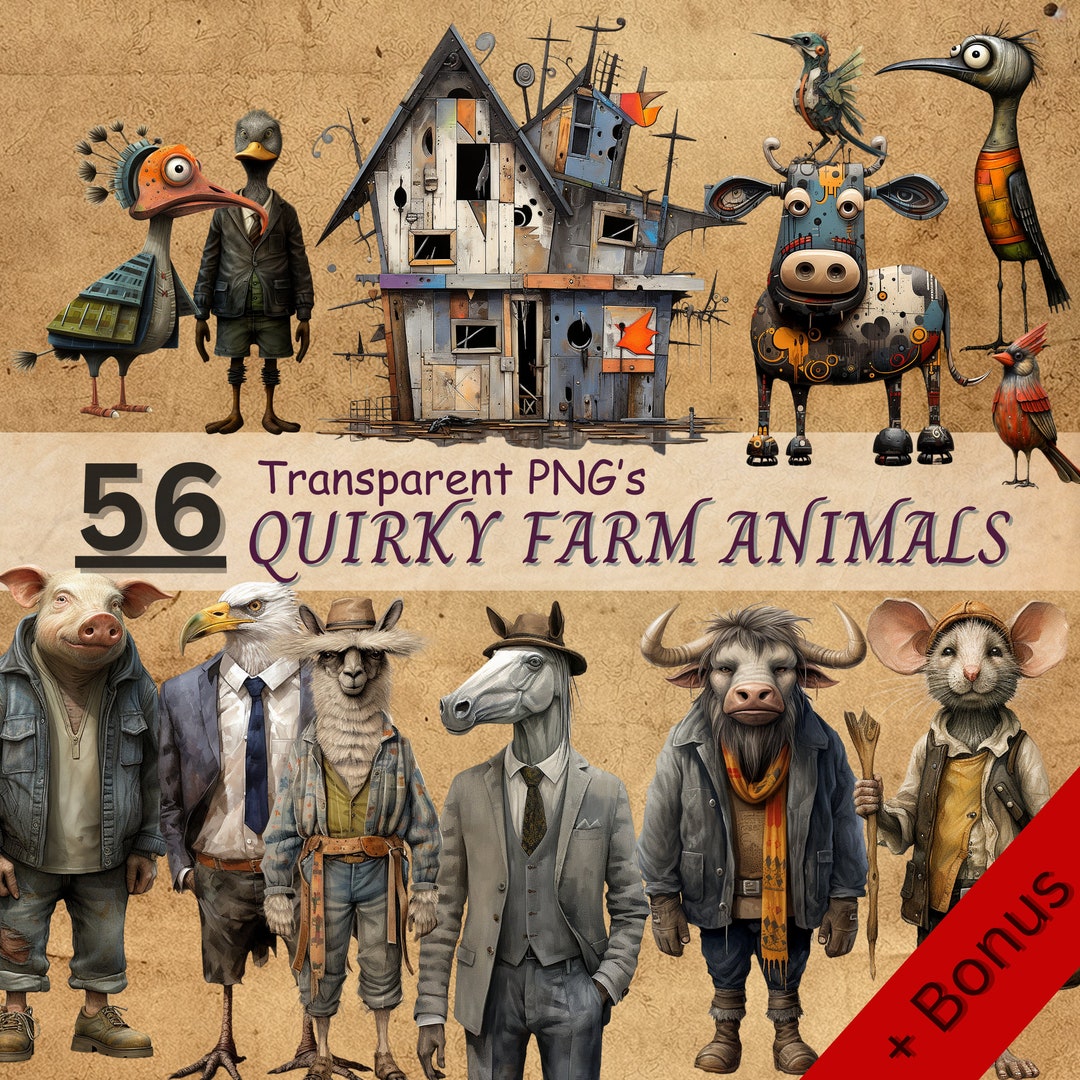 Whimsical Farm Animals Clipart Png Bundle Scrapbooking Art Etsy