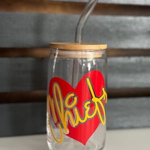 KC Chiefs Glass Coffee Tumbler with Bamboo Lid Glass Straw Chiefs Football Gift Drinking Glass for Kansas City Chiefs fan coffee cup unique