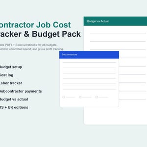 Contractor Job Costing Spreadsheet, Budget vs Actual Tracker, Profit Dashboard (PDF + Excel)