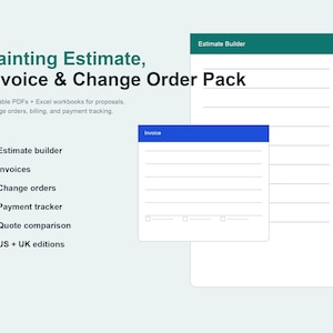 Può includere: Un pacchetto di documenti digitali intitolato Painting Estimate, Invoice & Change Order Pack. Include PDF stampabili e cartelle di lavoro Excel per preventivi, fatturazione e monitoraggio. Contiene un Estimate Builder e un modello di fattura.