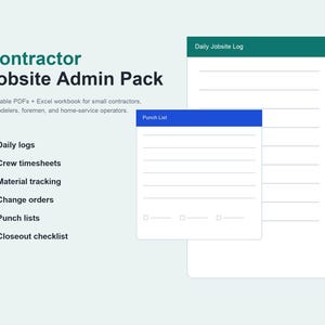 Puede incluir: Un paquete administrativo para contratistas con archivos PDF imprimibles y un libro de Excel. El texto enumera registros diarios, hojas de horas, seguimiento de materiales, órdenes de cambio, listas de tareas y una lista de verificación final.