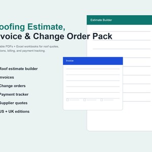 Roofing Estimate, Invoice & Change Order Pack, Roof Quote Template, Progress Billing (PDF + Excel)