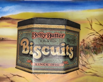 Vintage Tin-Advertising/Confectionery-Betty Butter Brand Biscuits-Green/Octagon