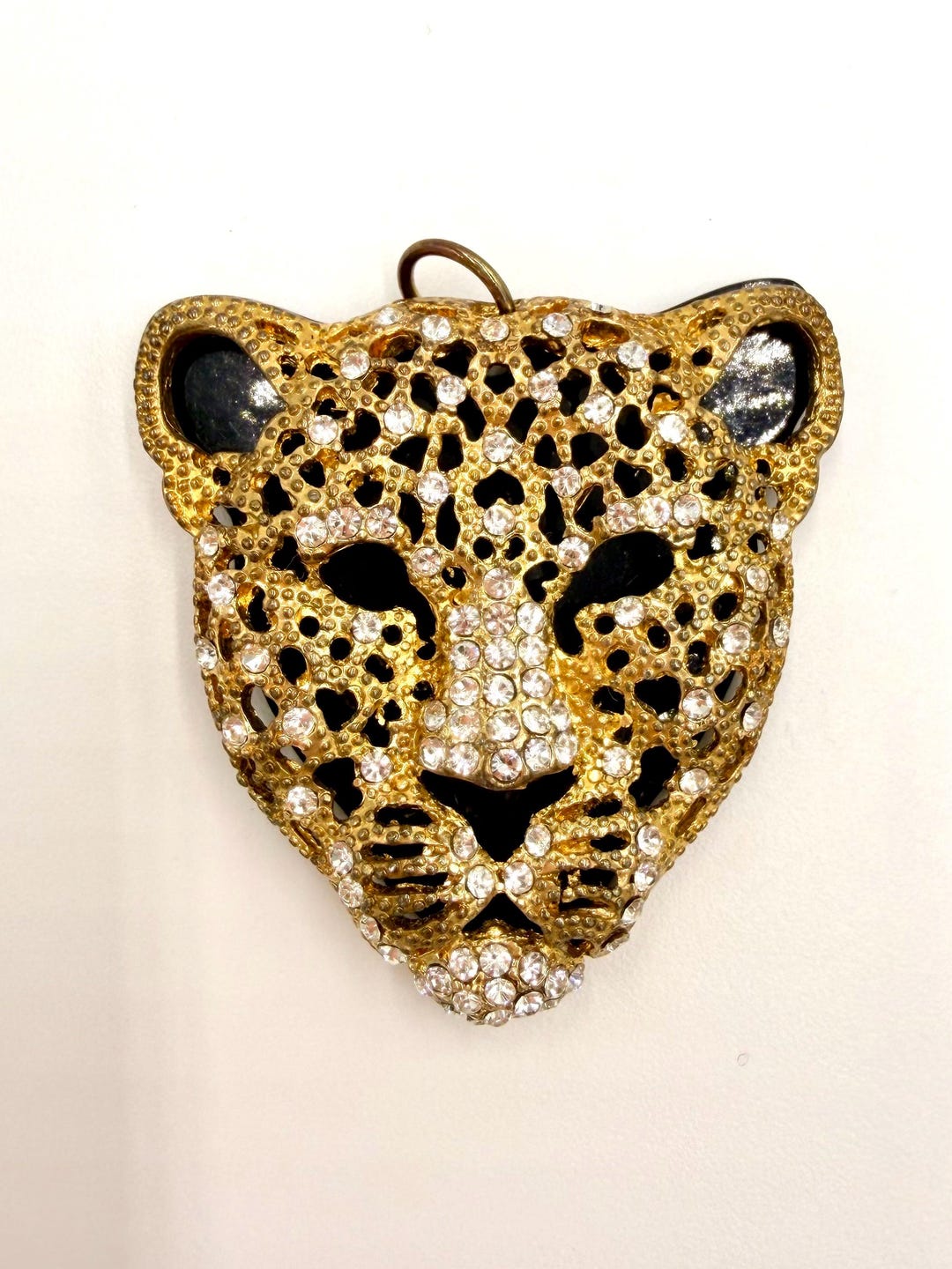 Large Gold-tone Rhinestone Leopard Head Pendant • Black Enamel Big Cat ...