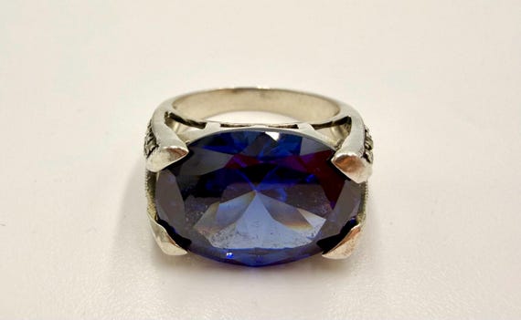 Large Blue Stone Statement Ring | 925 Sterling Si… - image 1