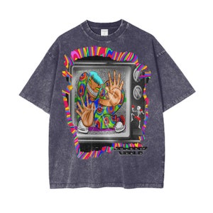 JMOND0Z WRLD Maximalist Vintage Stone-Washed T-Shirt with Collage-Inspired Colorful Pop Art - Too Real 4 TV