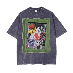 JMOND0Z WRLD Maximalist Vintage Stone-Washed T-Shirt | Collage-inspirierte Bunte Pop Art | Zeitgenössisches Art Deco | Erdgrüner Rahmen