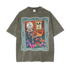 JMOND0Z WRLD Maximalist Vintage Stone-Washed T-Shirt | Collage-Inspired Pop Art | Colorful Contemporary Art Deco | Soft Blue Frame