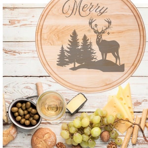 Deer Round Charcuterie Board with Groove - 13.5” x 13.5” Merry Christmas gift for them her him party dish for housewarming hor derve