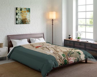 Japanese Bird Printed Comforter, Quilt, Bedding, Bedroom Decor, Home Textile, Gift for Nature Lover