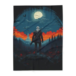 May include: A digital illustration of a man in a dark hooded coat standing on a rocky outcrop, looking out at a distant mountain range. The sky is a deep blue with a large, bright moon and a few clouds. The mountains are silhouetted against the sky, and the ground is covered in a dark forest. The man is holding a sword in his right hand.