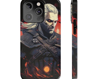Puede incluir: Una funda de teléfono negra con un gráfico de un hombre con cabello blanco y barba. El hombre lleva una chaqueta de cuero oscura y tiene una espada atada a la espalda. El fondo es rojo oscuro y naranja.