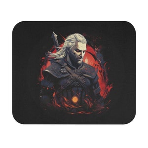 May include: A digital illustration of a character from the video game The Witcher. The character is a man with white hair and a beard, wearing a dark leather jacket and holding a sword. He is standing in front of a red and orange background.