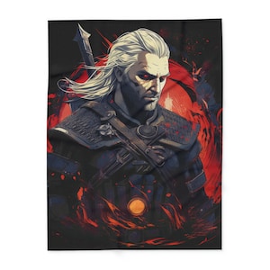 May include: A digital illustration of a man with white hair and red eyes, wearing a dark leather jacket and holding a sword. The background is a dark red and black swirl.