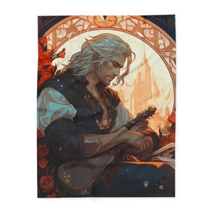 May include: A soft blanket with a print of a man with long white hair playing a stringed instrument. The design includes roses and a stained-glass window, with a warm colour scheme. The blanket is made of a soft material.