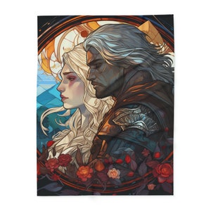 May include: A digital illustration of a man and woman standing side-by-side. The man has long, silver hair and a beard. He is wearing a brown leather jacket with silver armour. The woman has long, blonde hair and is wearing a white dress. They are both looking to the left. The background is a colourful, abstract design with a circular frame.