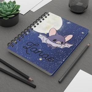 Personalized Chibi Bat Spiral Bound Notebook - Cute Night Sky Theme Kawaii Custom Journal Unique Gothic Stationery Gift Cutecore Whimsigoth