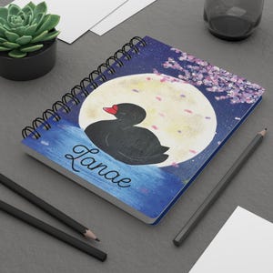 Personalized Chibi Swan Spiral Bound Notebook - Full Moon Lake Kawaii Custom Journal Unique Animal Stationery Gift Cutecore Cherry Blossom