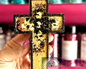 Geode Cross -Black And Gold Freshie | Handmade Car Accessory | Gift