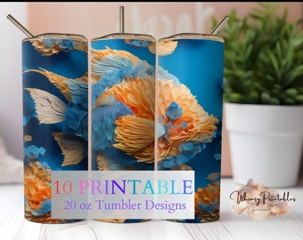 Watercolor Fish Tumbler Sublimation Design: Blue Orange 20 oz Skinny Wrap (Digital Download)