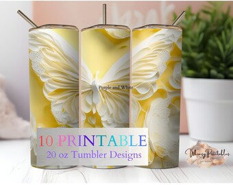 Watercolor Butterfly Tumbler Sublimation Design: Yellow & White (Digital Download)