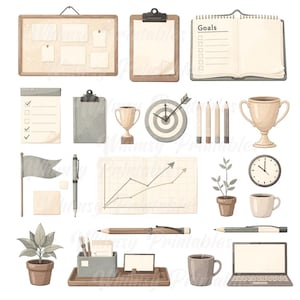 May include: Watercolor illustration of office and business-related items. Includes a bulletin board, clipboard, notebook, trophy, target, pencils, flag, pen, graph, potted plant, clock, coffee cup, desk organizer, laptop, and more.