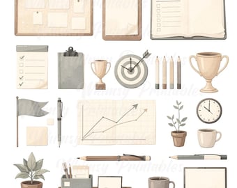 Goal Setting PNG Bundle, Productivity Clipart, Neutral Goal Planning Elements, Vision Board & Success Icons