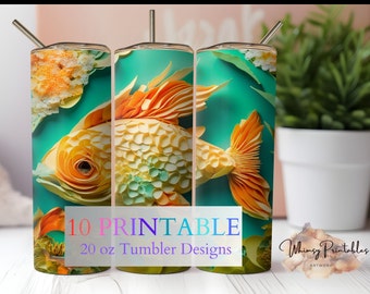 Watercolor Fish Tumbler Sublimation Design: Orange Green 20 oz Skinny Tumbler (Digital Download PNG)